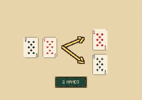 Split equal ranks: Matching ranks may become separate hands. Each split hand receives one new card; aces cannot be resplit.