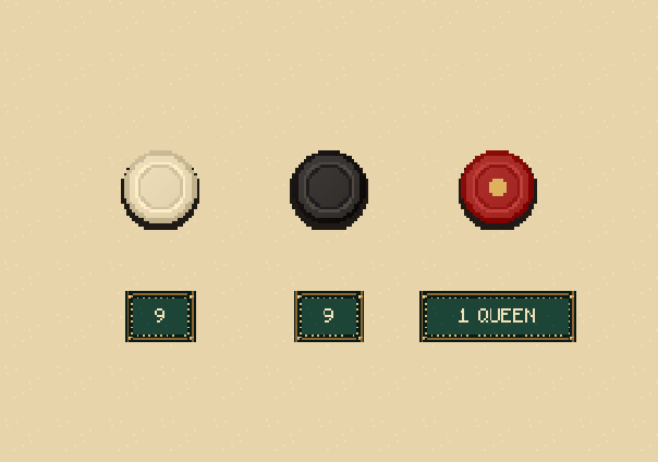 The breaker plays white: Each board starts with nine white coins, nine black coins and the red queen. The starting player takes white.