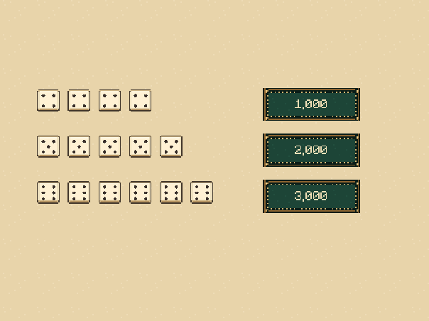 Special combinations: Four, five, and six of a kind score 1,000, 2,000, and 3,000.