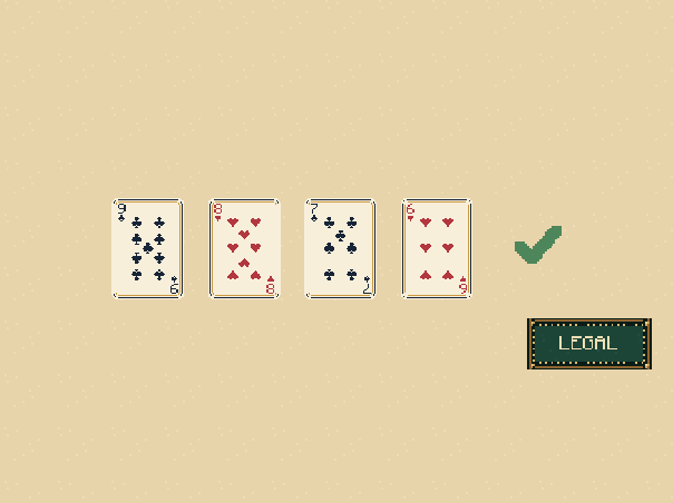 Alternate colours: A red card goes on black, then black on red.