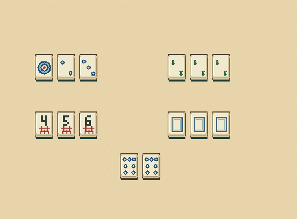 Four sets and a pair: Usually collect four groups of three, plus two matching tiles.