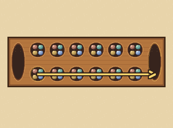 Your side: Your six small pockets are below. Your big pocket is on the right.