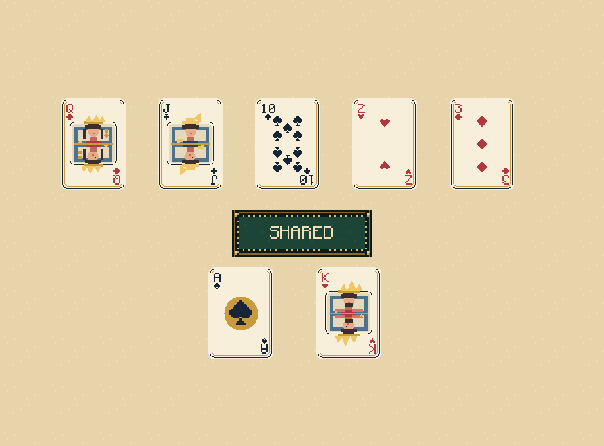 Seven cards to choose from: Keep your two cards secret. Share the five table cards. Choose your strongest five from all seven.
