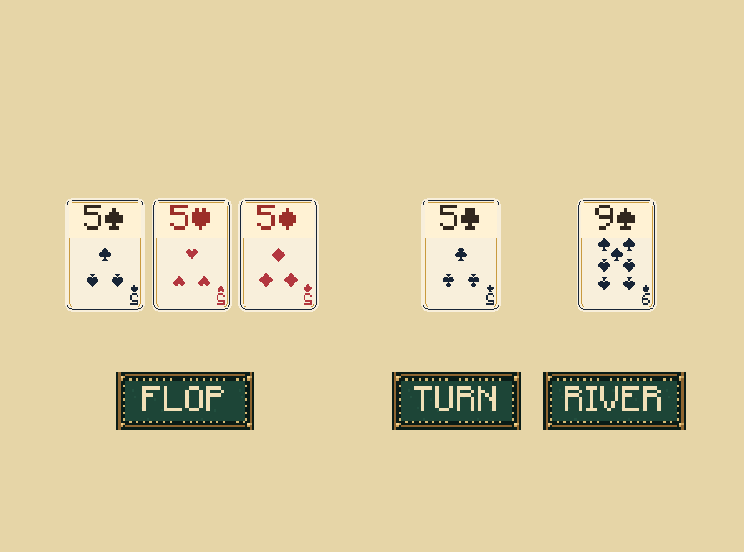Flop, turn, river: After the opening bets: reveal three cards, then one, then one. Players may bet after each reveal.